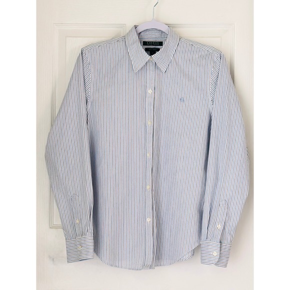 Lauren Ralph Lauren Tops - Lauren Ralph Lauren Non Iron Striped Cotton Button Down Shirt Blue White Medium
